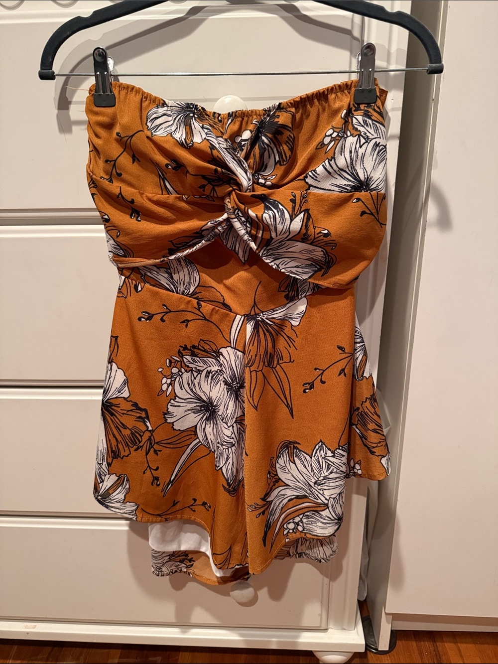 Rust Floral Strapless Tie-Front Romper